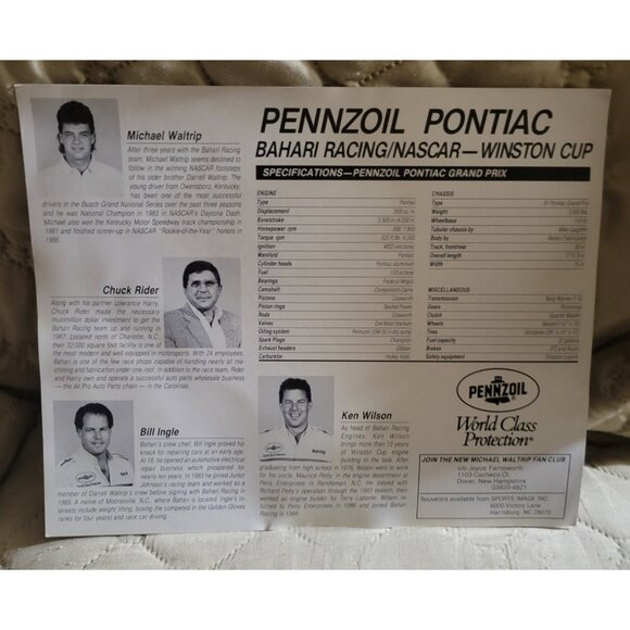 1991 Michael Waltrip #30 Pennzoil Pontiac NASCAR Cup Hero Card Used - Picture 2 of 2